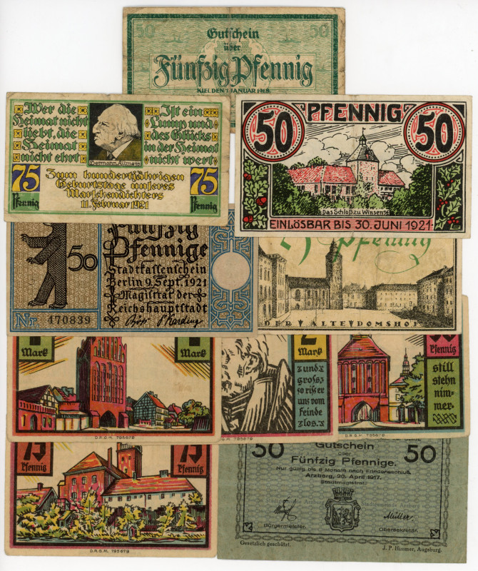 Germany - Weimar Republic Lot of 10 Notes 1918 - 1921 Notgelds
VF-UNC