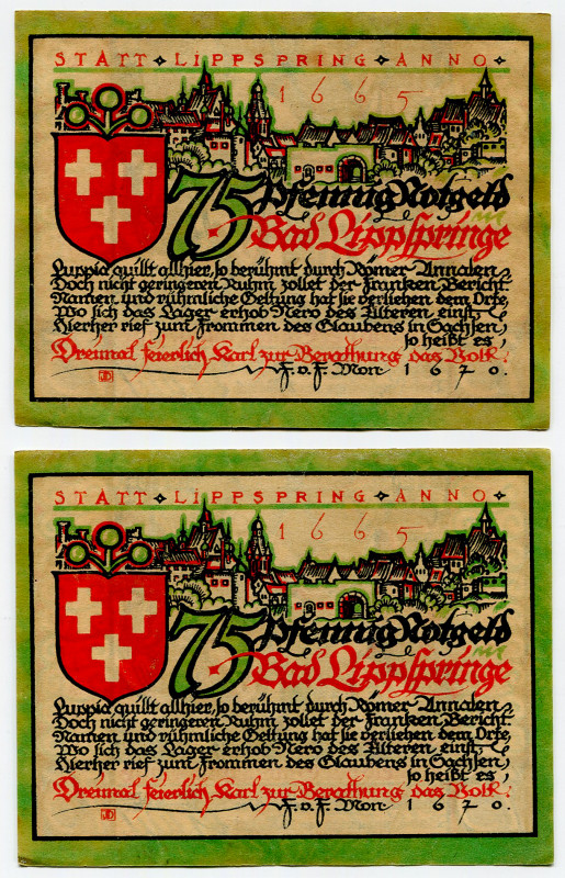 Germany - Weimar Republic Lippspring 2 x 75 Pfennig 1921
UNC
