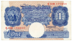 Great Britain 1 Pound 1940 - 1948
P# 367, N# 203301; # E33H 170254; Signature K. O. Peppiatt. (1940-48); UNC