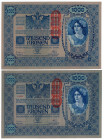 Austria 2 x 1000 Kronen 1902
P# 159, Blue & Violet Underprint; UNC