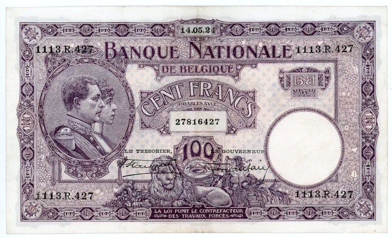 Belgium 100 Francs 1924
P# 95, N# 210373; # 1113R427; XF