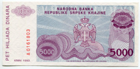 Croatia Serb Republic of Krajina 5000 Dinara 1993
P# R20a, N# 209370; # A0161803; UNC