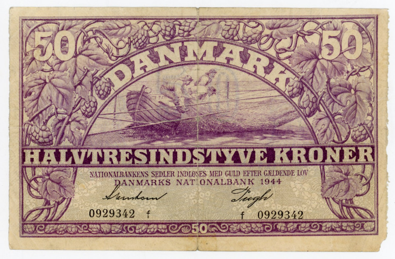 Denmark 50 Kroner 1944
P# 38a, N# 225729; # 0929342 f; AVF