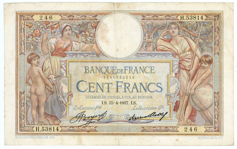 France 100 Francs 1937
P# 78c, N# 206027; # H.53814 246; VF