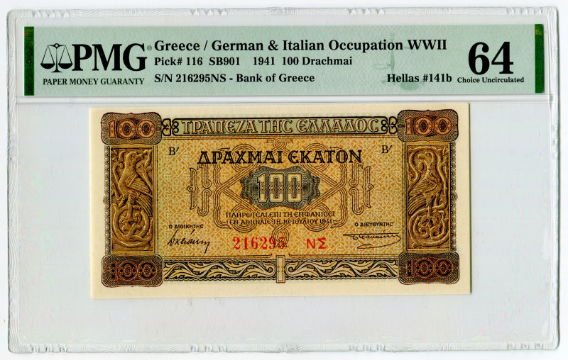 Greece 100 Drachamai 1941 PMG 64 Choice Uncirculated
P# 116, # 216295ND