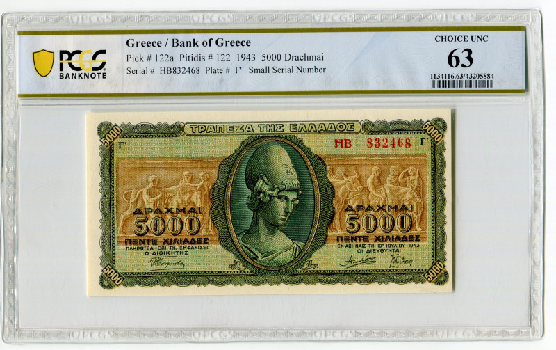 Greece 5000 Drachamai 1943 PCGS 63 Choice UNC
P# 122a, # HB832468 Г