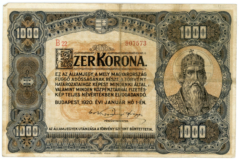 Hungary 1000 Korona 1920
P# 66a, N# 204381; # B22 907573; VF-