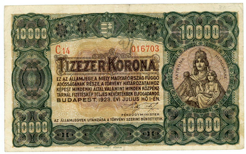 Hungary 10000 Korona 1923
P# 77c, N# 216677; # C14 016703; VF