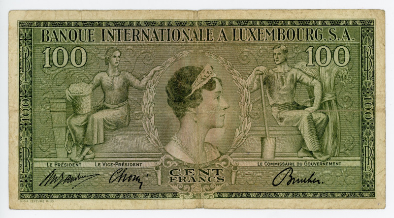 Luxembourg 100 Francs 1956
P# 13a, # Y430077 1073077; F