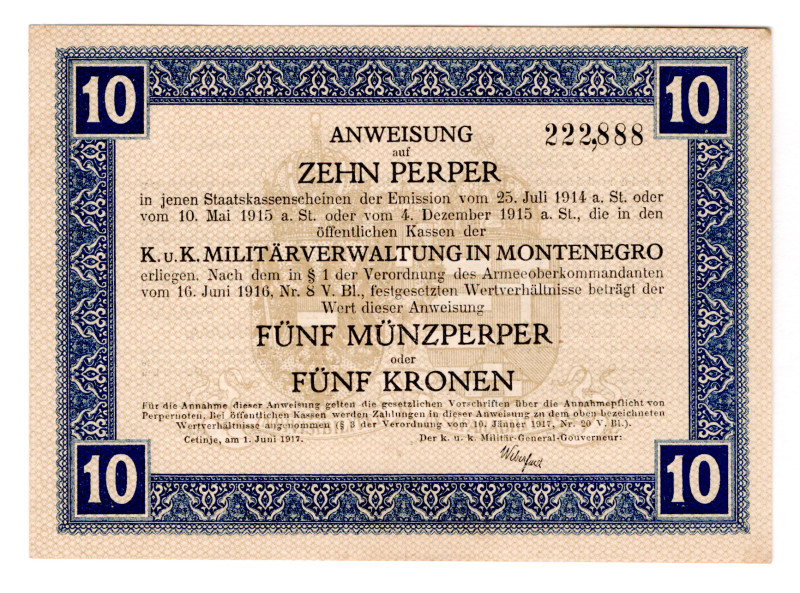 Montenegro 10 Perper = 5 Kronen 1917
P# M151, N# 257711; # 222888; Rare conditi...