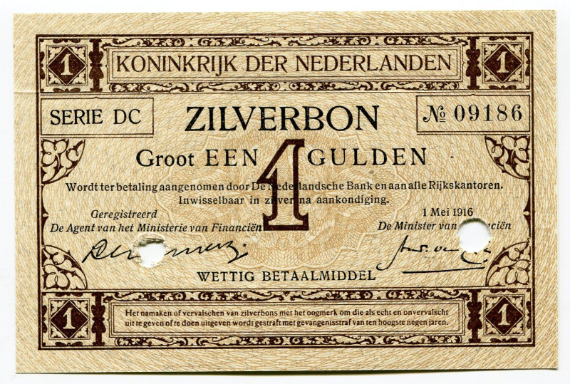 Netherlands 1 Gulden 1916 Cancelled
P# 8, N# 207664; AUNC