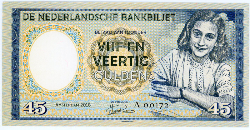 Netherlands 45 Gulden 2018 Specimen "Anne Frank"
# A 00172; Fantasy Banknote; L...