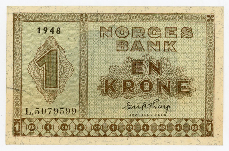 Norway 1 Krone 1948
P# 15b, N# 205831; # L.5079599; UNC-