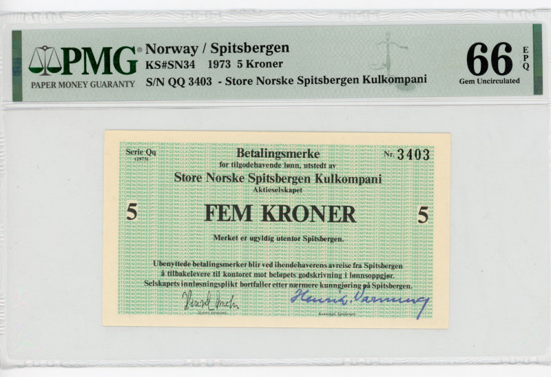 Norway Spitsbergen Store Norske Kulkompany 5 Kroner 1973 PMG 66
N# KS#SN34; # 3...