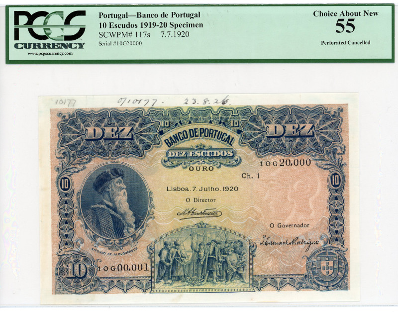 Portugal 10 Escudos 1920 Specimen PCGS 55
P# 117s