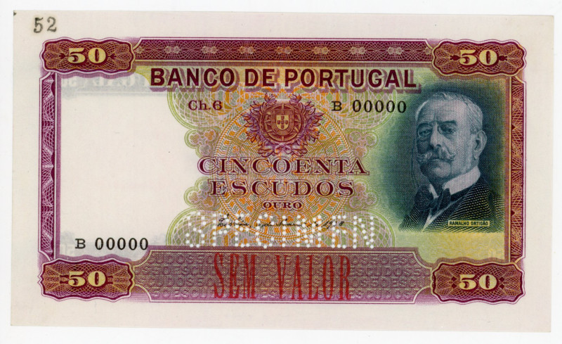 Portugal 50 Escudos 1938 Specimen
P# 149s, UNC