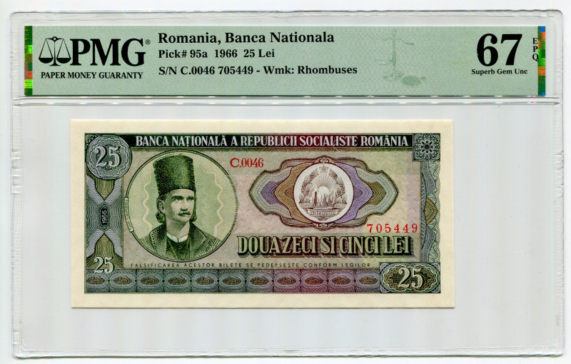 Romania 25 Lei 1996 PMG 67 EPQ
P# 95a, N# 204598; # C.0046 705449; UNC