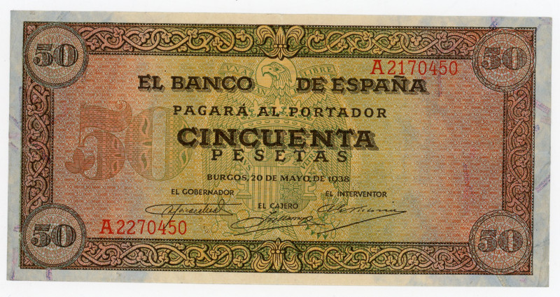 Spain 50 Pesetas 1938
P# 112, N# 294785; # A2270450; VF/XF