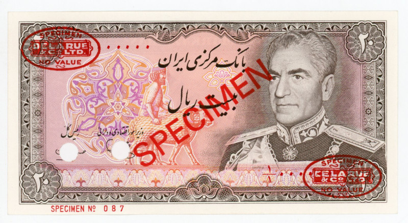 Iran 20 Rials 1974 Specimen
P# 100s, # 087; UNC