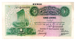 Syria 1 Livre 1939
P# 40a, N# 208296; # J/A 044609; VF