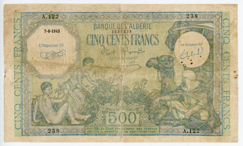 Algeria 500 Francs 1943
P# 93, N# 278000; # A.122 238; VG-F