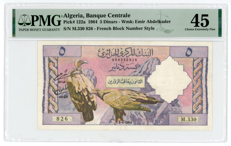 Algeria 5 Dinars 1964 PMG 45
P# 122a, N# 213466; # M.330 826; Wmk: Emir Abdelka...