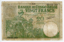 Belgian Congo 20 Francs 1937
P# 10f, N# 258714; # 243.R.142; VG