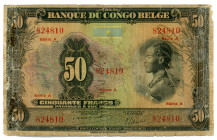 Belgian Congo 50 Francs 1941 - 1942
P# 16a, N# 201819; # 824810, Serie A; Without EMISSION overprint; F