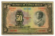 Belgian Congo 50 Francs 1951
P# 16i, N# 201819; # 735905, Serie R; Overprint: EMISSION 1951; VF