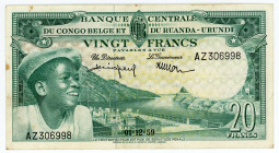 Belgian Congo 20 Francs 1959
P# 31, N# 259284; # AZ306998; XF+
