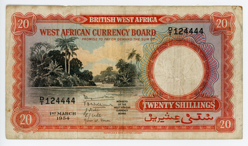 British West Africa 20 Shillings 1954
P# 10a, N# 259634; # D/T 124444; F