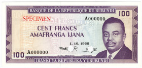 Burundi 100 Francs 1968 Specimen
P# 23as, # A000000; UNC