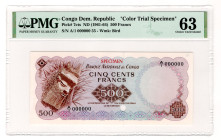 Congo Democratic Republic 500 Francs 1961 (ND) Color Trial Specimen PMG 63
P# 7cts, N# 259294; # A/1 000000; UNC