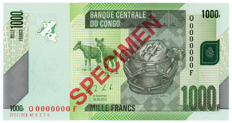 Congo Democratic Republic 1000 Francs 2013 Specimen
P# 101s, N# 212947; # 0276;...