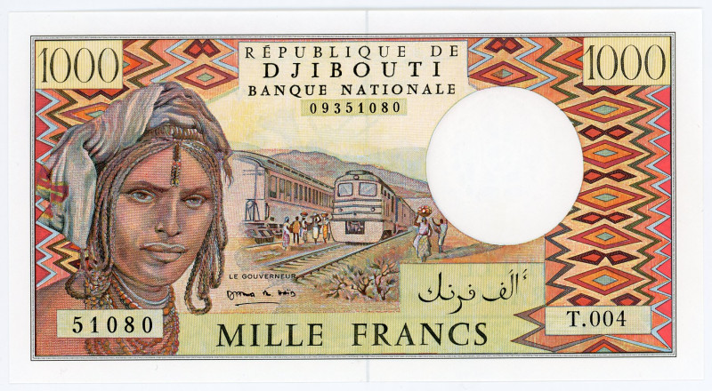 Djibouti 1000 Fr 1991 (ND)
P# 37c, N# 213504; # T.004 51080; long Arabic text a...