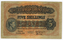 East Africa 5 Shillings 1941
P# 28a, N# 267530; # X/10 70137; F/VF