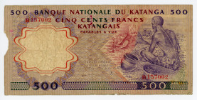 Katanga 500 Francs 1962
P# 13a, N# 259611; # B157002; VG-F