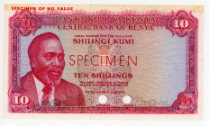 Kenya 10 Shillings 1969 - 1974 (ND) Specimen
P# 7ct, N# 250678; Colour trial, red; AUNC