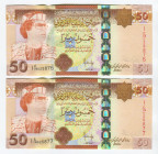 Libya 2 x 50 Dinars 2008 WIth Consecutive Numbers
P# 75, N# 205132; UNC