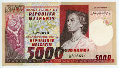 Madagascar 5000 Francs 1974 - 1975 (ND)
P# 66a, N# 202784; # A/28 878676; XF-AUNC, 2 Pinholes