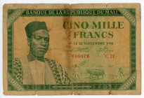 Mali 5000 Francs 1960
P# 5, N# 271536; # 000076 C21; VG