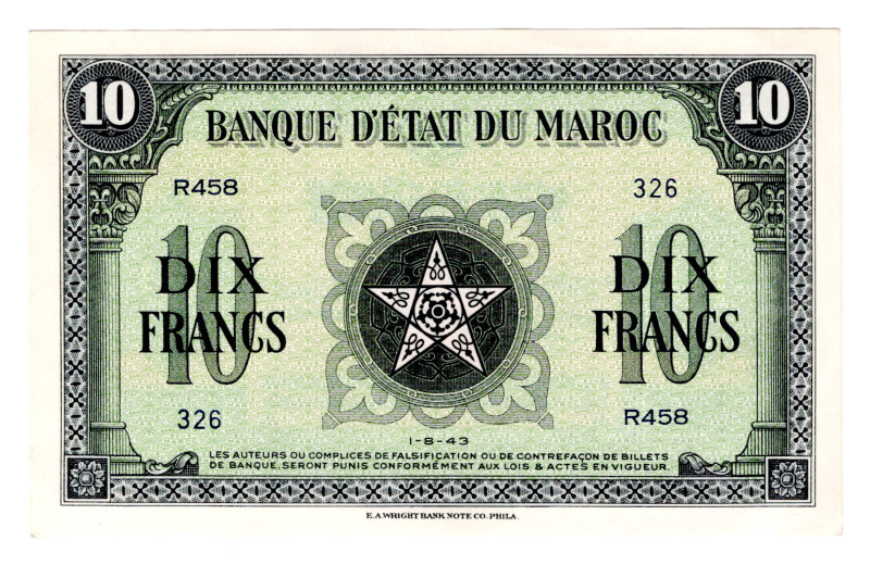 Morocco 10 Francs 1943
P# 25, N# 210500; # R458 326; UNC-