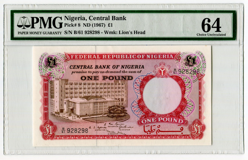 Nigeria 1 Pound 1967 (ND) PMG 64 Choice Uncirculated
P# 8, # B/61 928298