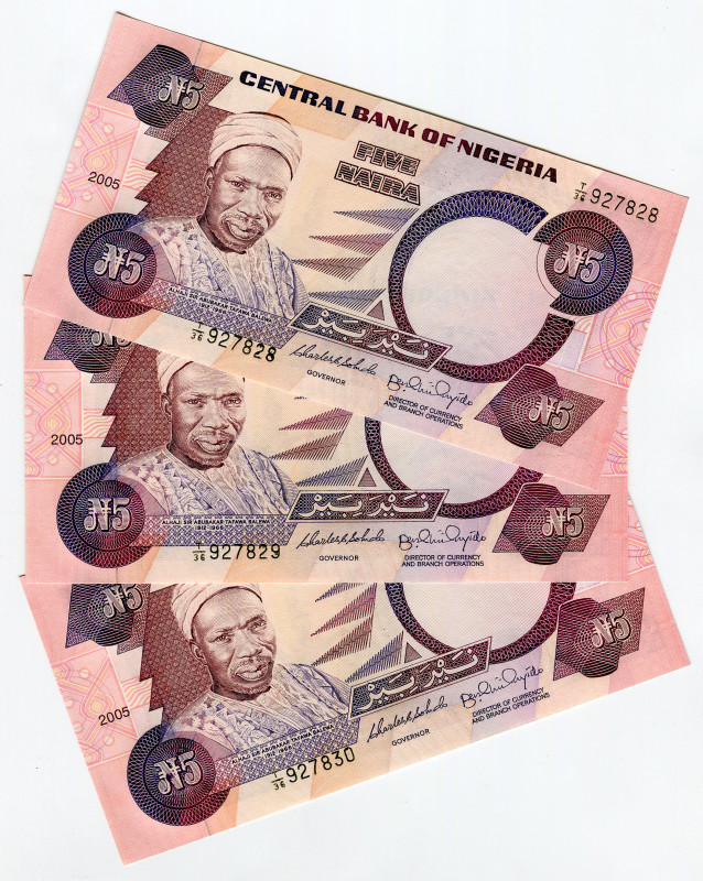 Nigeria 3 x 5 Naira 2005 With Consecutive Numbers
P# 24j, N# 205505; UNC