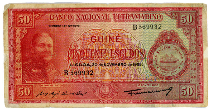 Portuguese Guinea 50 Escudos 1958
P# 37a, N# 270577; # B569932; F-VF