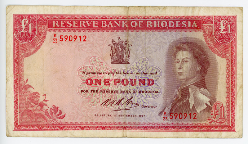 Rhodesia 1 Pound 1967
P# 28c, N# 237442; # K/23 590912; Watermark: C. Rhodes; V...