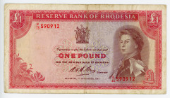 Rhodesia 1 Pound 1967
P# 28c, N# 237442; # K/23 590912; Watermark: C. Rhodes; VF