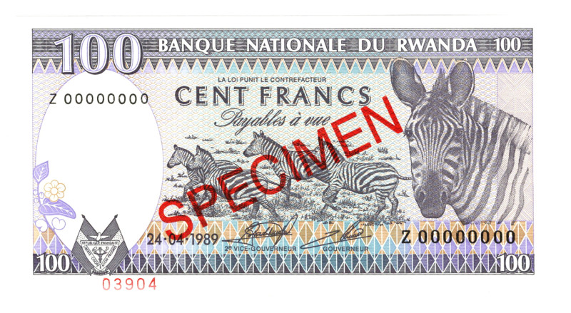 Rwanda 100 Francs 1989 Specimen
P# 19s, N# 206512; # Z00000000; UNC