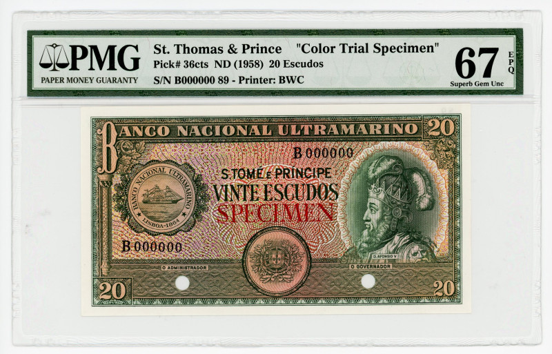 Saint Thomas & Prince 20 Escudos 1958 Color Trial PMG 67
P# 36ct, N# 281721; UN...