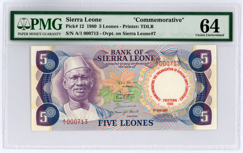 Sierra Leone 5 Leone 1980 PMG 64
P# 12, N# 217098; # A/1 000713; Commemorative;...